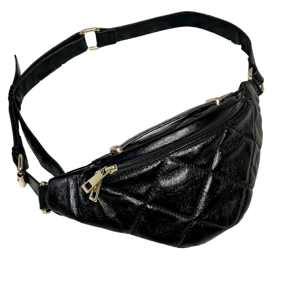 Handbags - SOLD Quilted Vegan Faux Leather Belt Bag Adjustable Fanny Pack Metallic Black